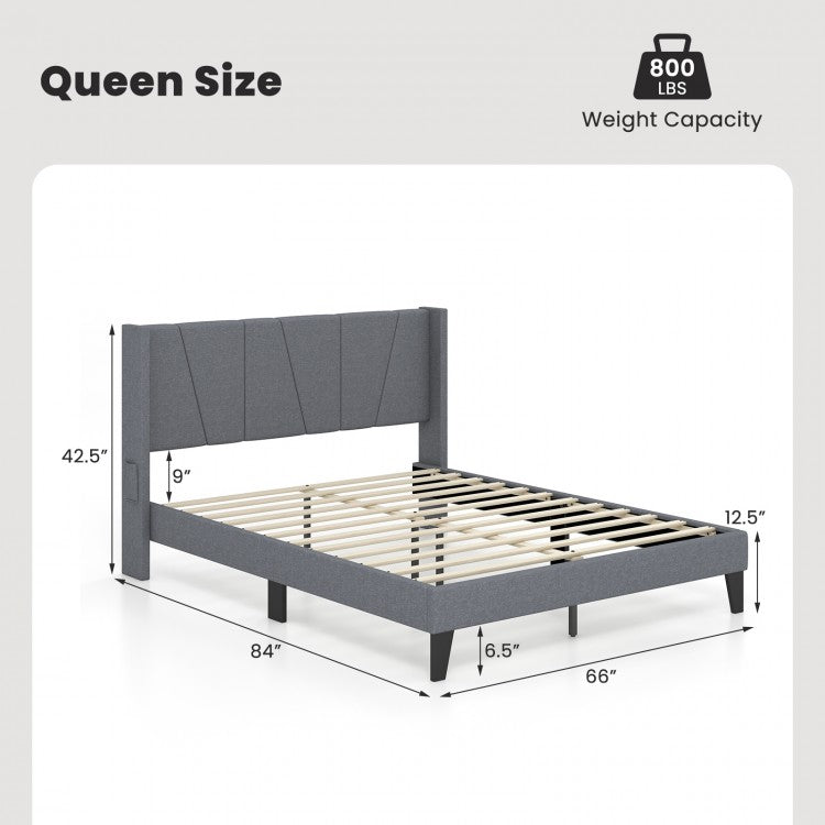 Elegant Full/Queen Bed Frame with Wingback Headboard and Wooden Slat Support