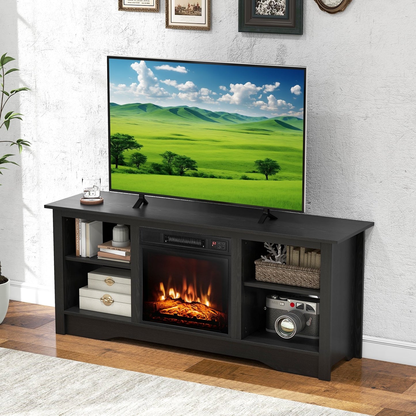 Entertainment Center with Adjustable Shelves for 65 Inch TVs and 18 Inch Fireplace Space - Black