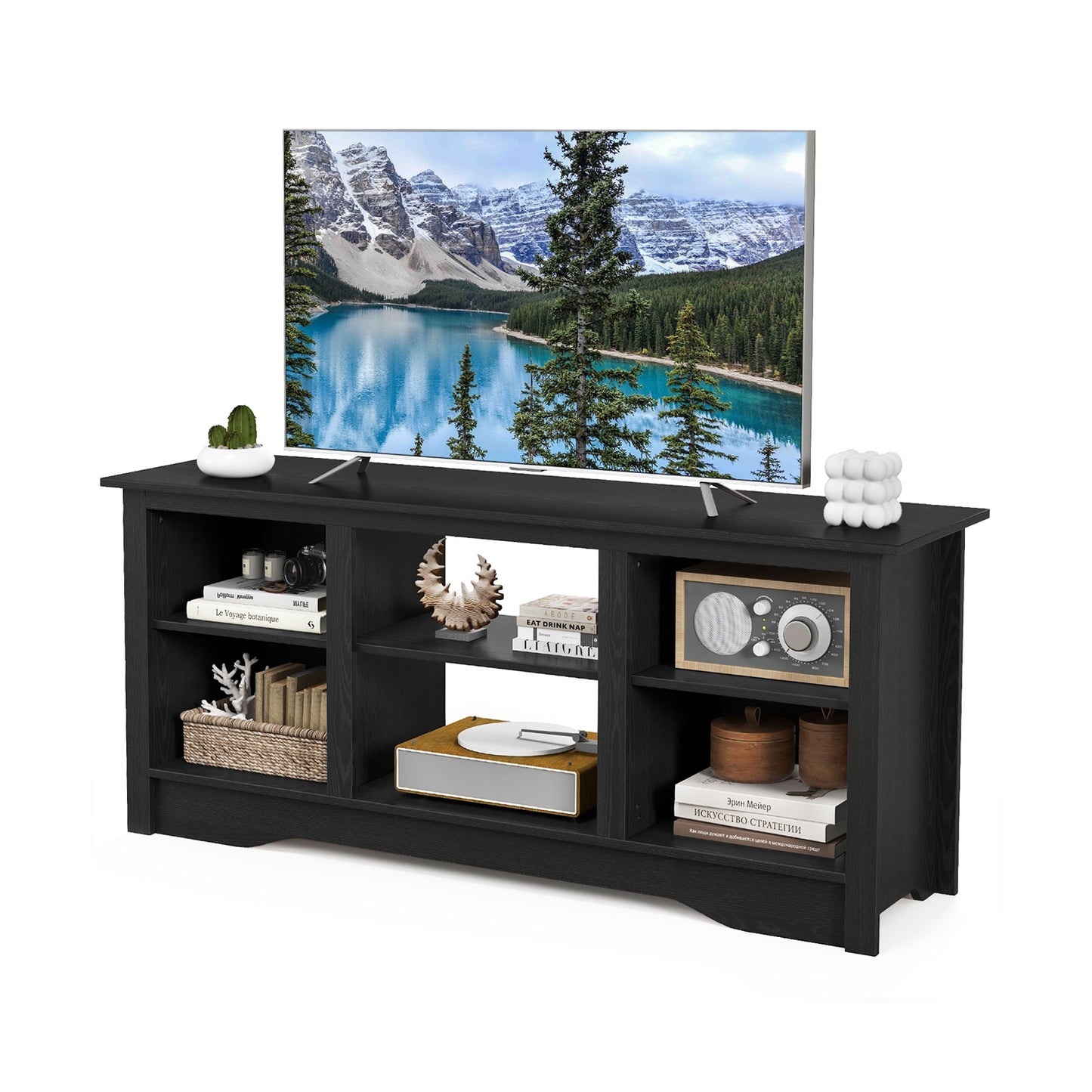 Entertainment Center with Adjustable Shelves for 65 Inch TVs and 18 Inch Fireplace Space - Black