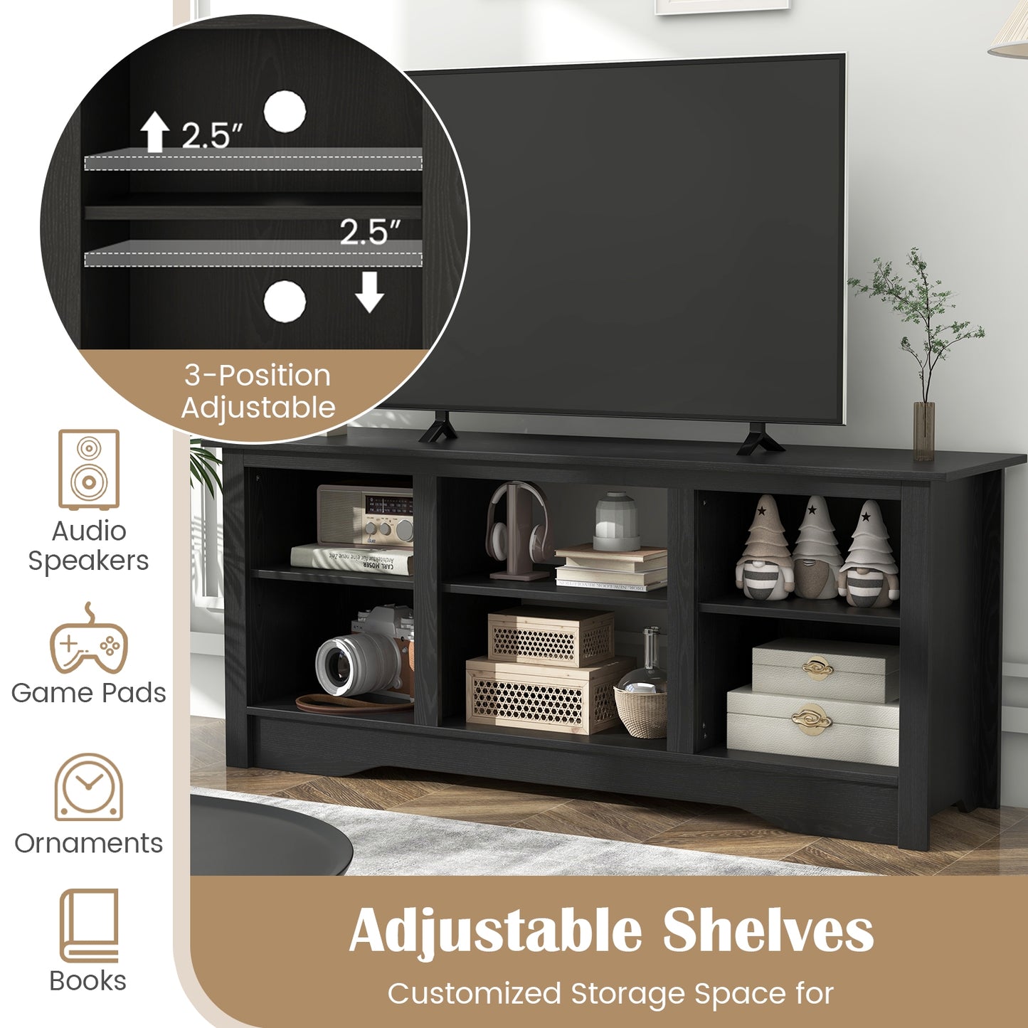 Entertainment Center with Adjustable Shelves for 65 Inch TVs and 18 Inch Fireplace Space - Black