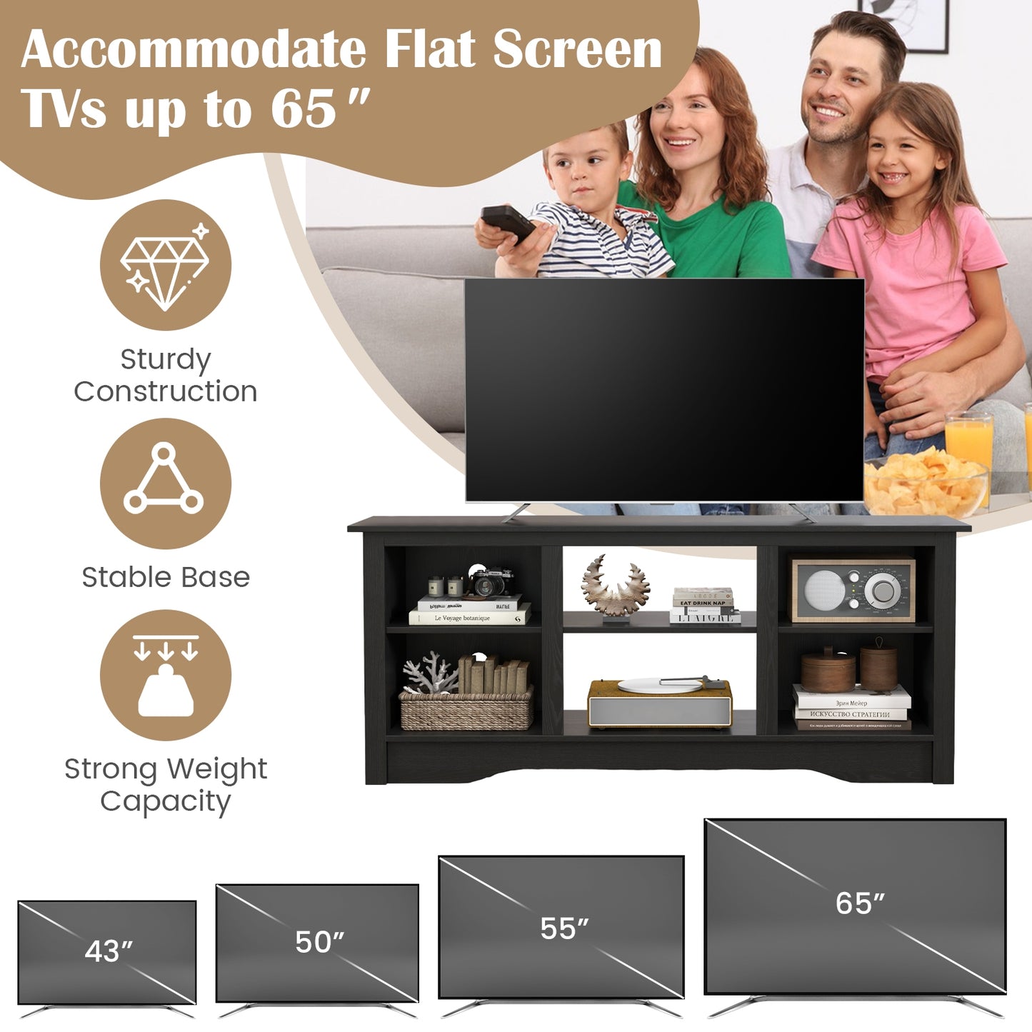 Entertainment Center with Adjustable Shelves for 65 Inch TVs and 18 Inch Fireplace Space - Black