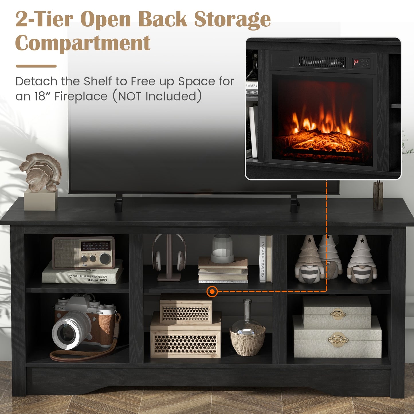 Entertainment Center with Adjustable Shelves for 65 Inch TVs and 18 Inch Fireplace Space - Black