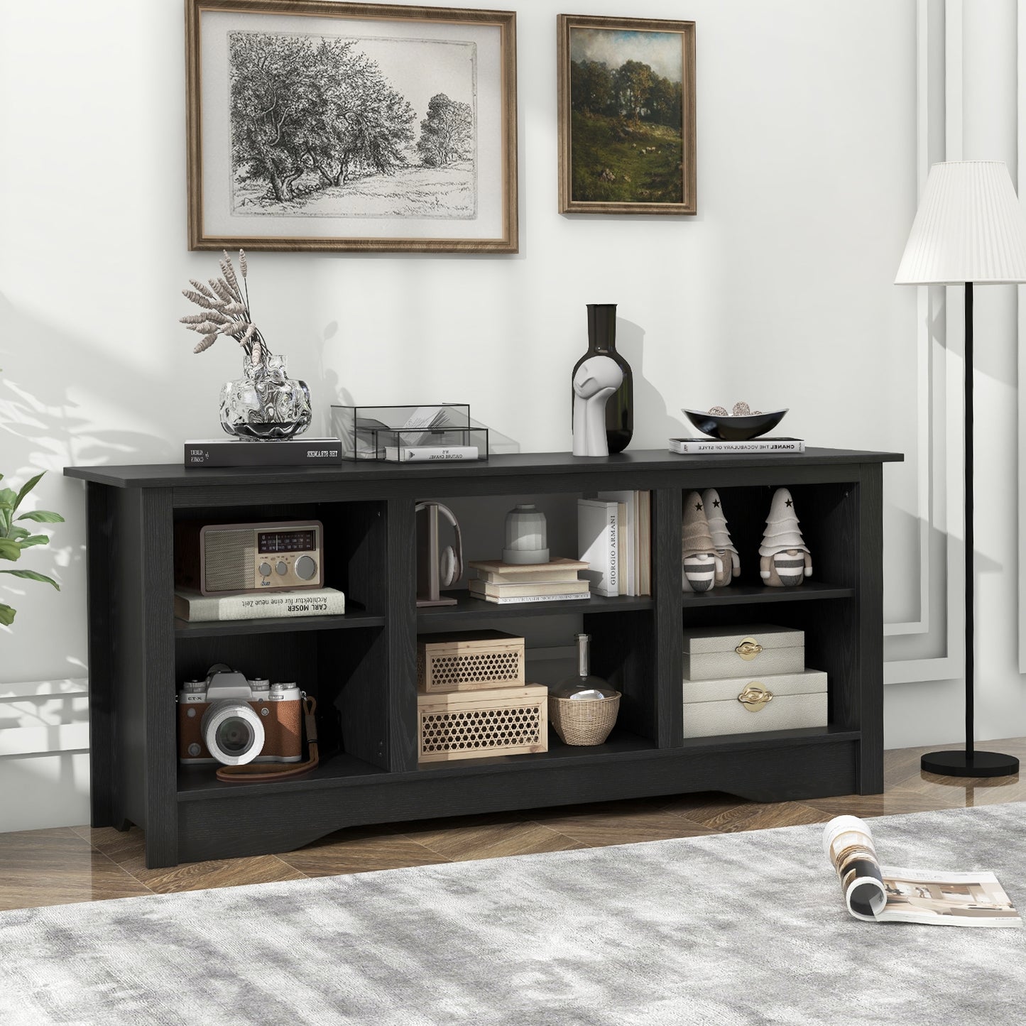 Entertainment Center with Adjustable Shelves for 65 Inch TVs and 18 Inch Fireplace Space - Black