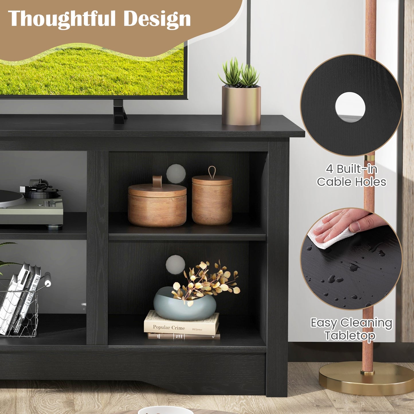 Entertainment Center with Adjustable Shelves for 65 Inch TVs and 18 Inch Fireplace Space - Black