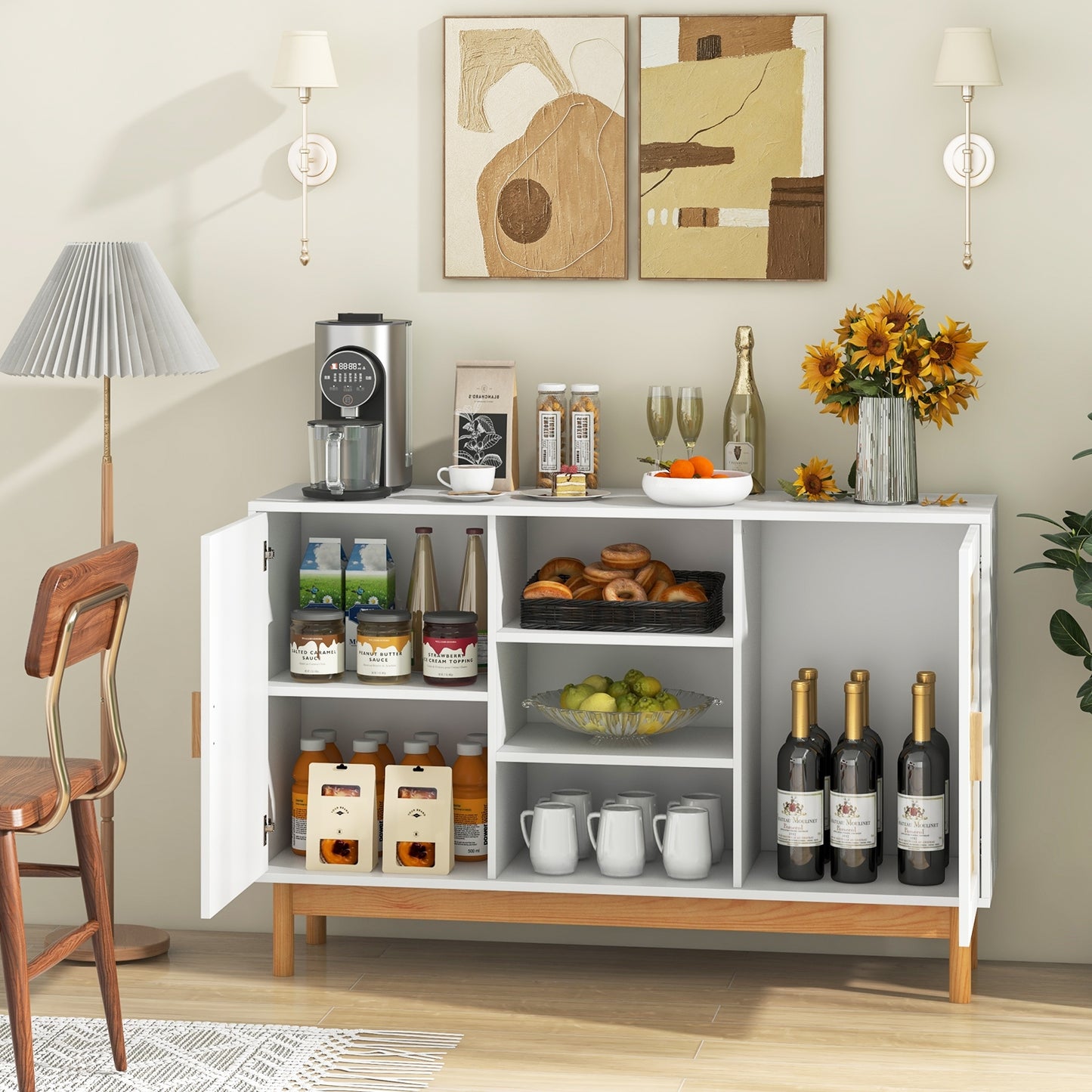 48 Inch Modern Buffet Sideboard with Bamboo Woven Doors and Open Shelves for Kitchen or Living Room Storage