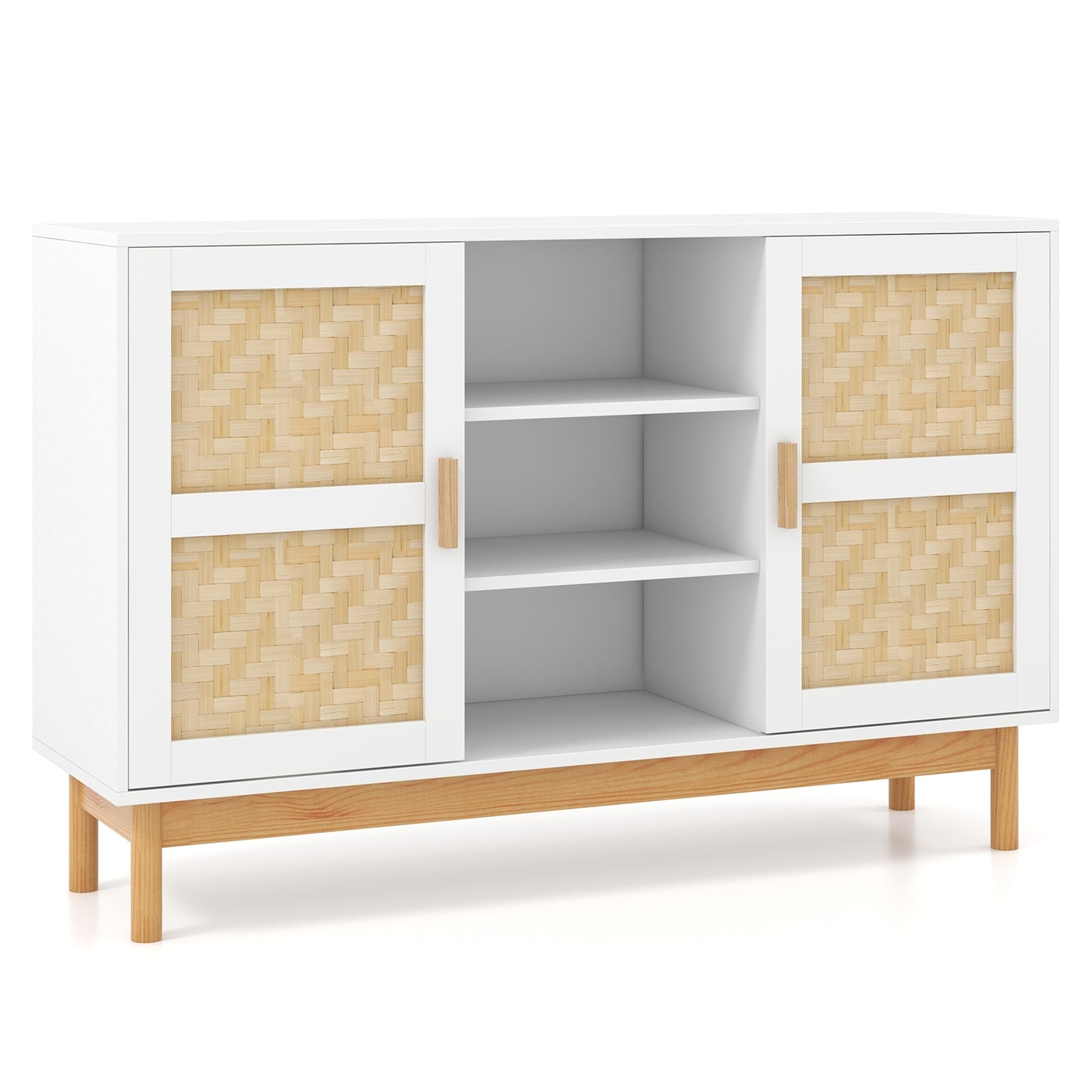 48 Inch Modern Buffet Sideboard with Bamboo Woven Doors and Open Shelves for Kitchen or Living Room Storage