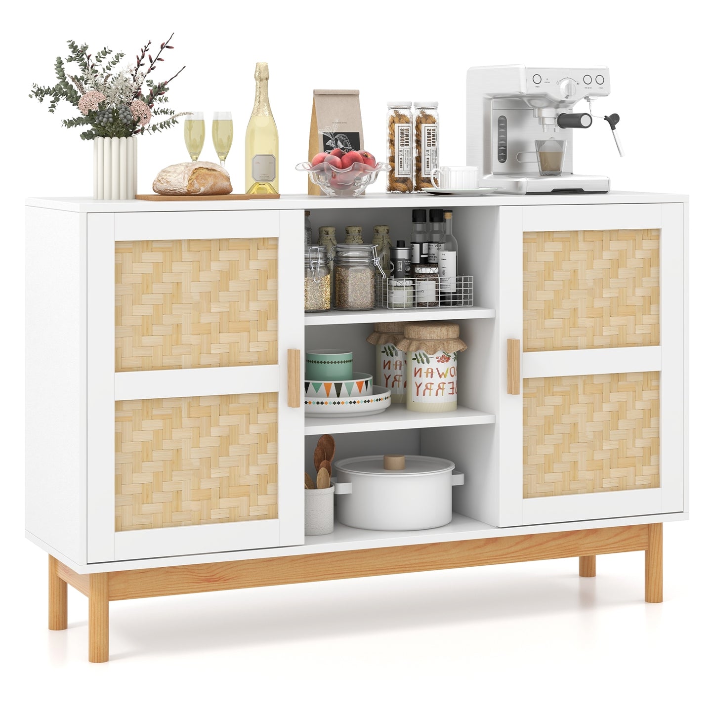 48 Inch Modern Buffet Sideboard with Bamboo Woven Doors and Open Shelves for Kitchen or Living Room Storage