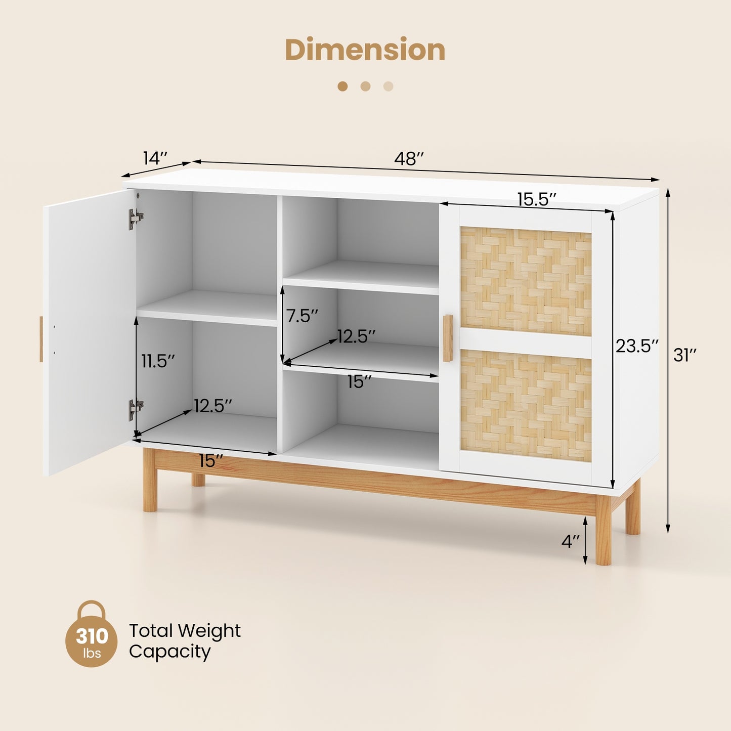 48 Inch Modern Buffet Sideboard with Bamboo Woven Doors and Open Shelves for Kitchen or Living Room Storage
