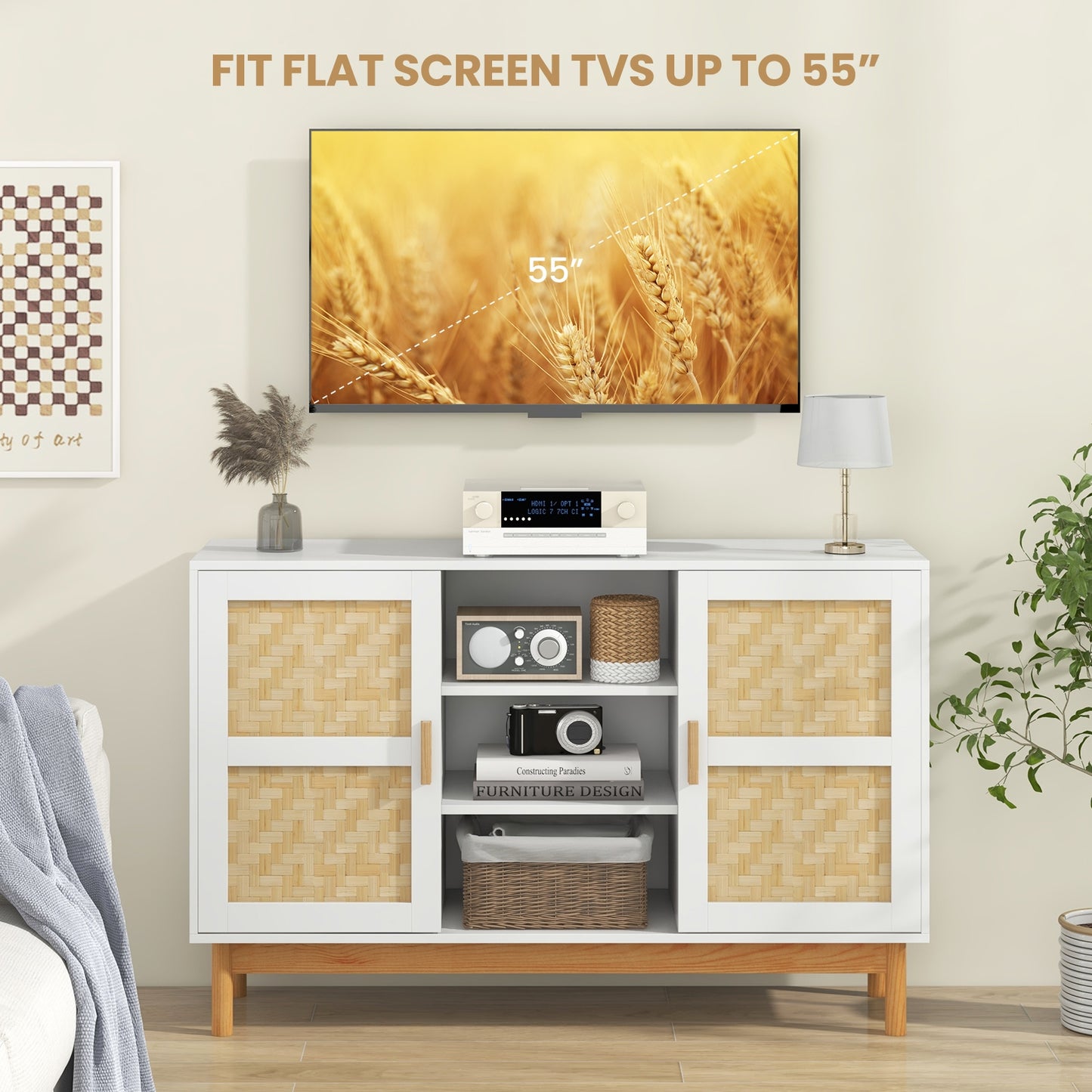 48 Inch Modern Buffet Sideboard with Bamboo Woven Doors and Open Shelves for Kitchen or Living Room Storage