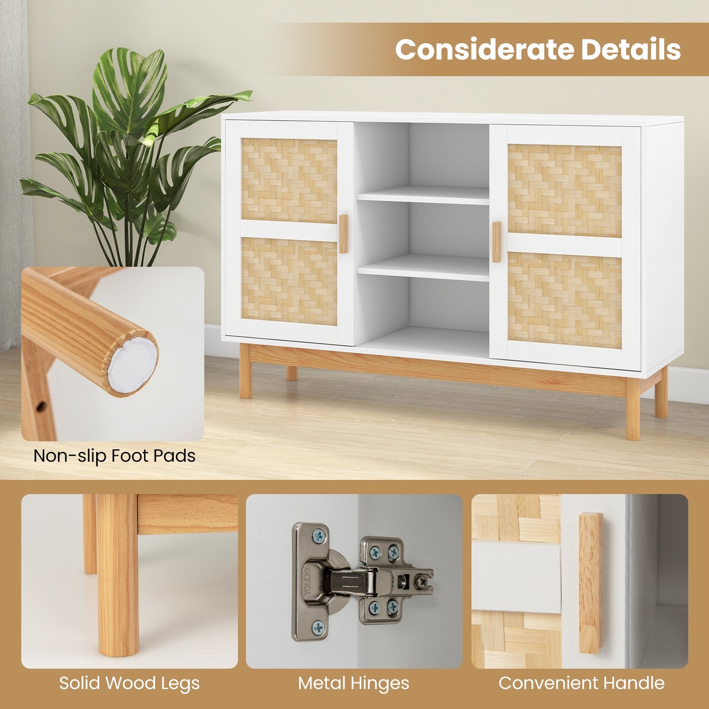 48 Inch Modern Buffet Sideboard with Bamboo Woven Doors and Open Shelves for Kitchen or Living Room Storage