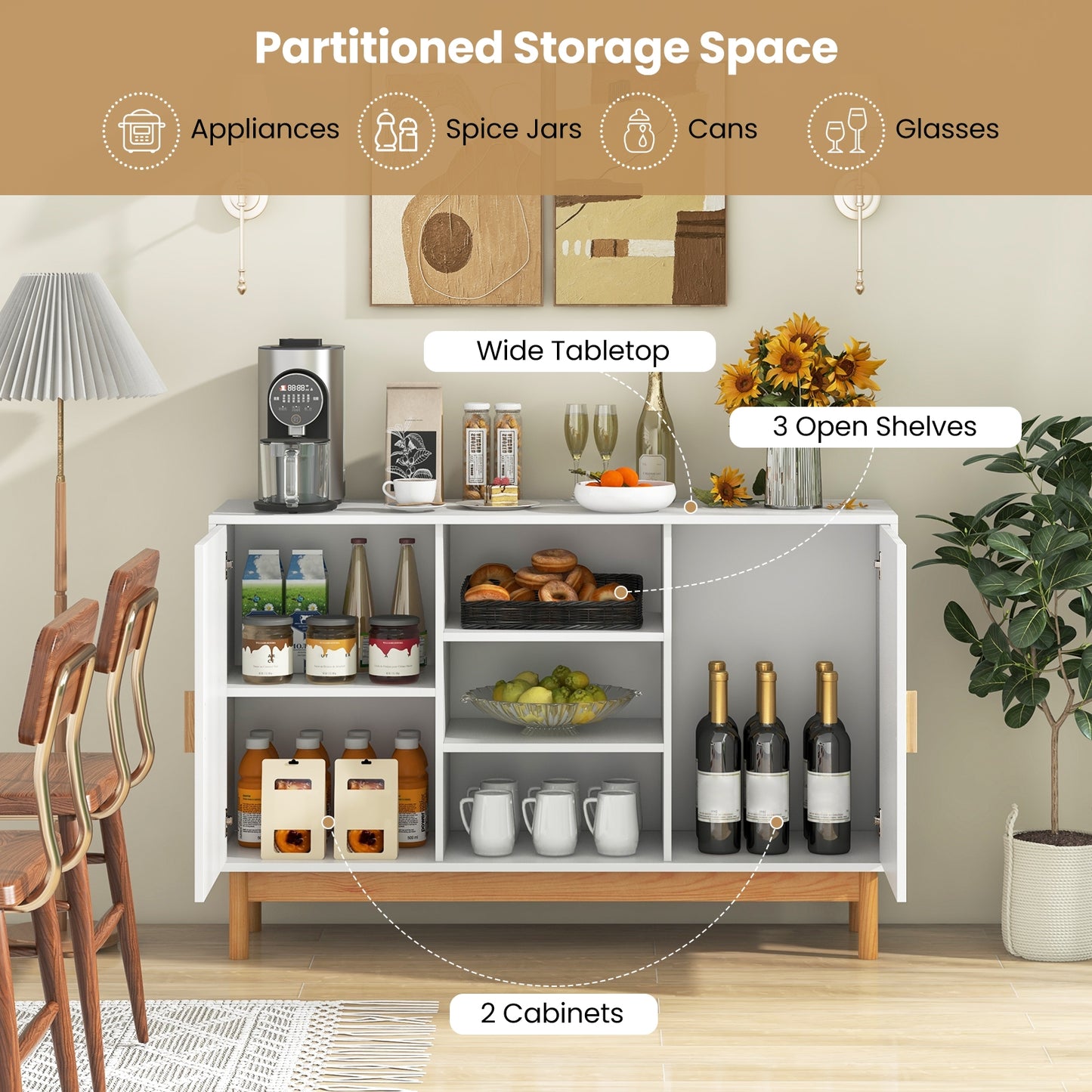 48 Inch Modern Buffet Sideboard with Bamboo Woven Doors and Open Shelves for Kitchen or Living Room Storage