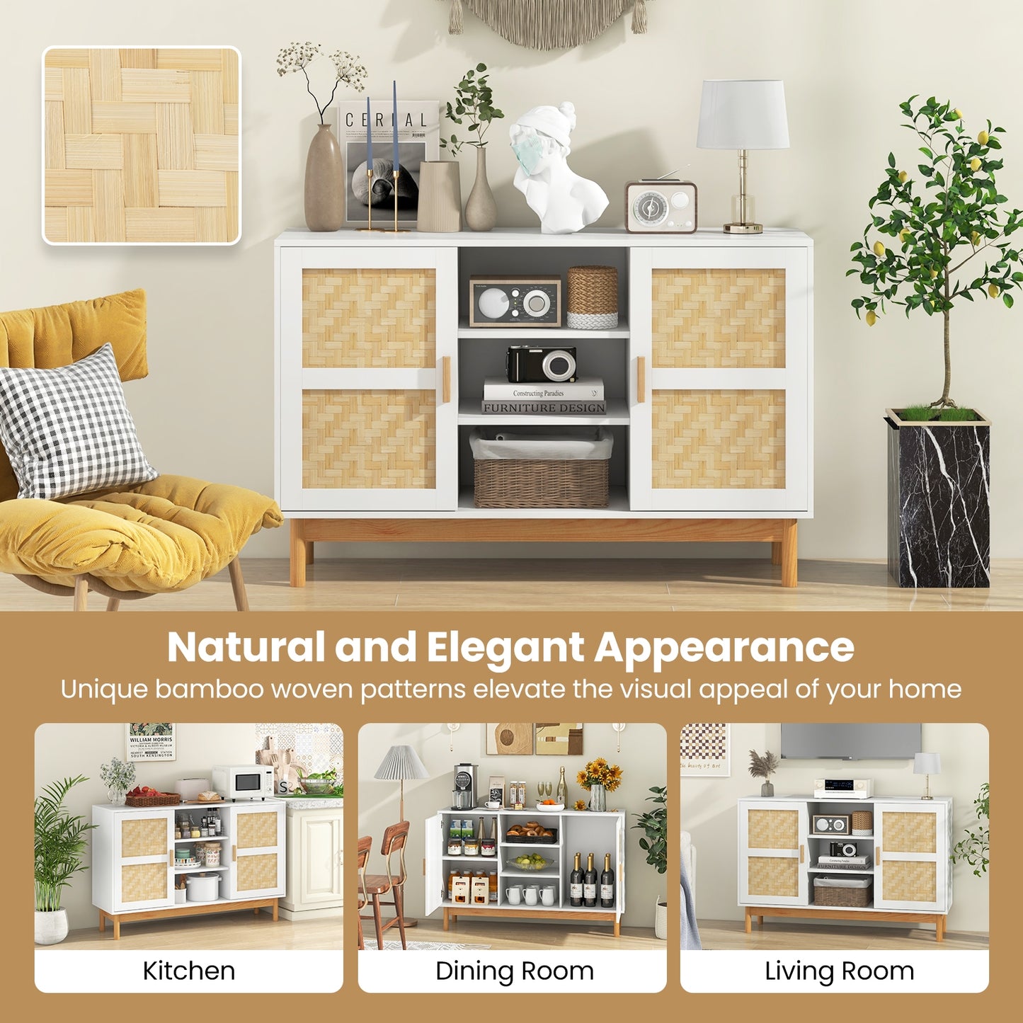 48 Inch Modern Buffet Sideboard with Bamboo Woven Doors and Open Shelves for Kitchen or Living Room Storage