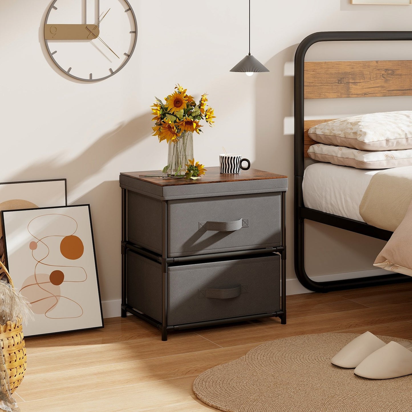Modern Bedside Table with Removable Fabric Storage Drawers Grey Finish