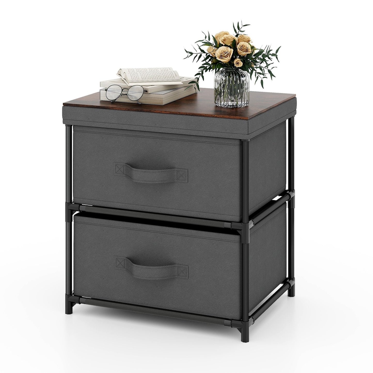 Modern Bedside Table with Removable Fabric Storage Drawers Grey Finish