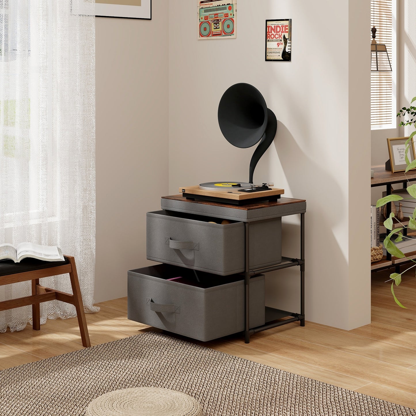 Modern Bedside Table with Removable Fabric Storage Drawers Grey Finish