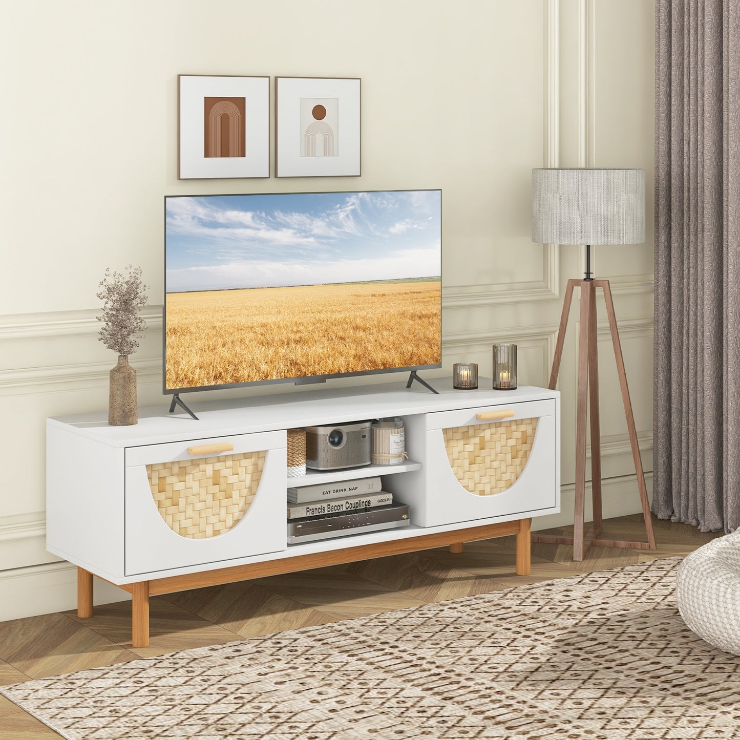 Modern Media Cabinet with 2 Drawers and Natural Bamboo Accents for 55 Inch TVs