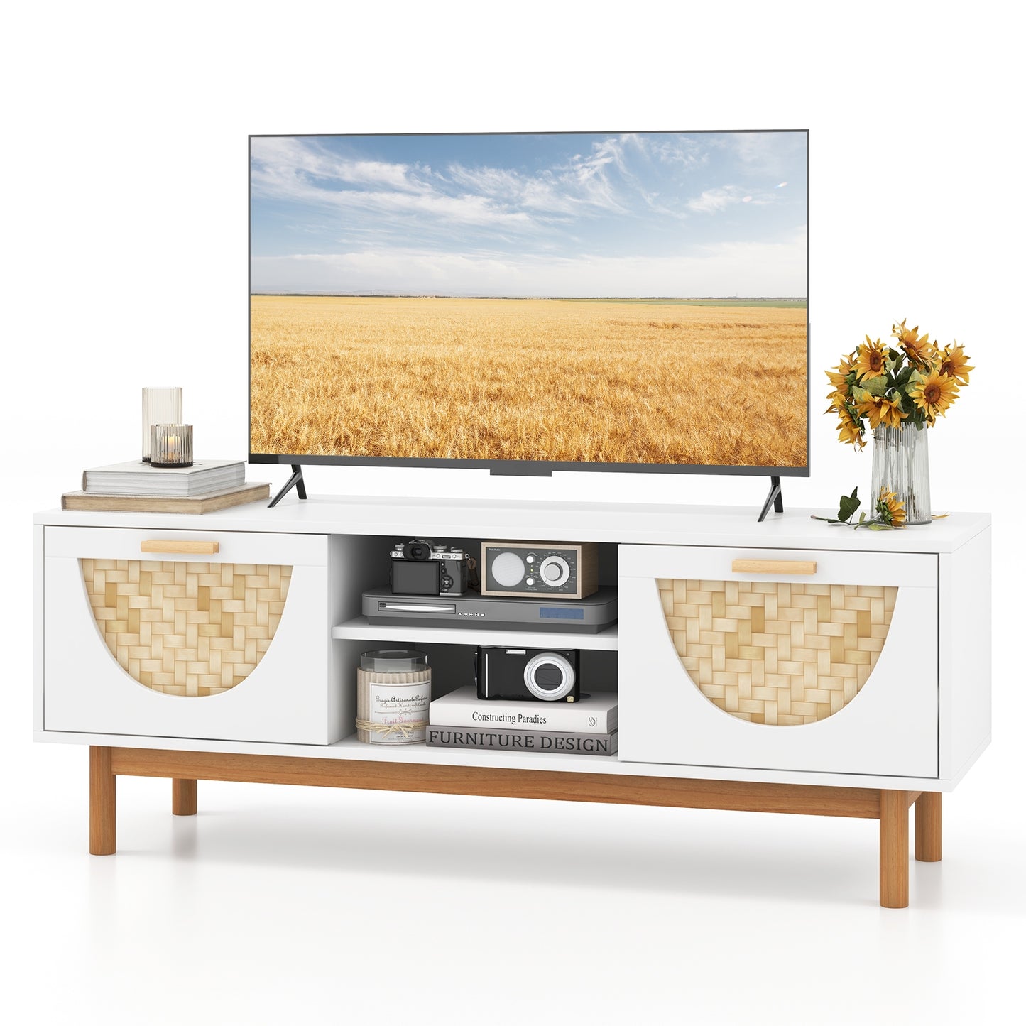 Modern Media Cabinet with 2 Drawers and Natural Bamboo Accents for 55 Inch TVs