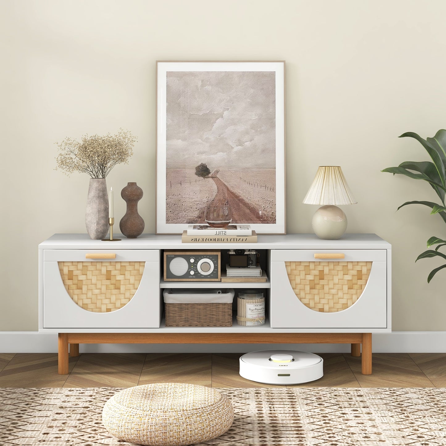 Modern Media Cabinet with 2 Drawers and Natural Bamboo Accents for 55 Inch TVs