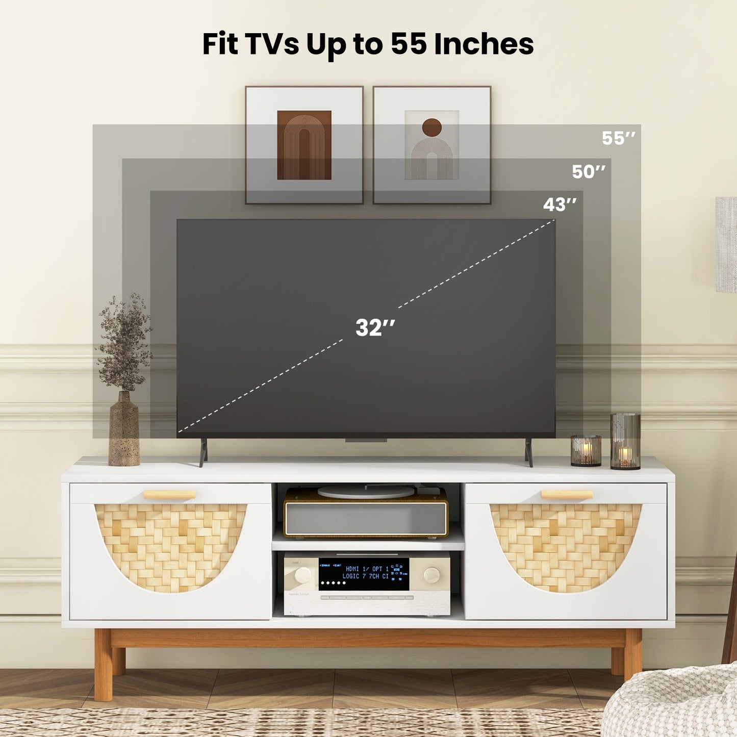 Modern Media Cabinet with 2 Drawers and Natural Bamboo Accents for 55 Inch TVs