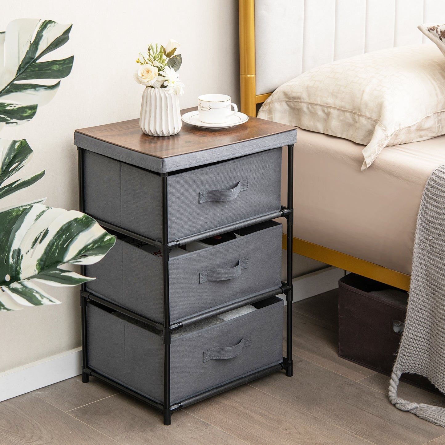 Modern Fabric Nightstand with 3 Storage Drawers and Sturdy Frame - Grey
