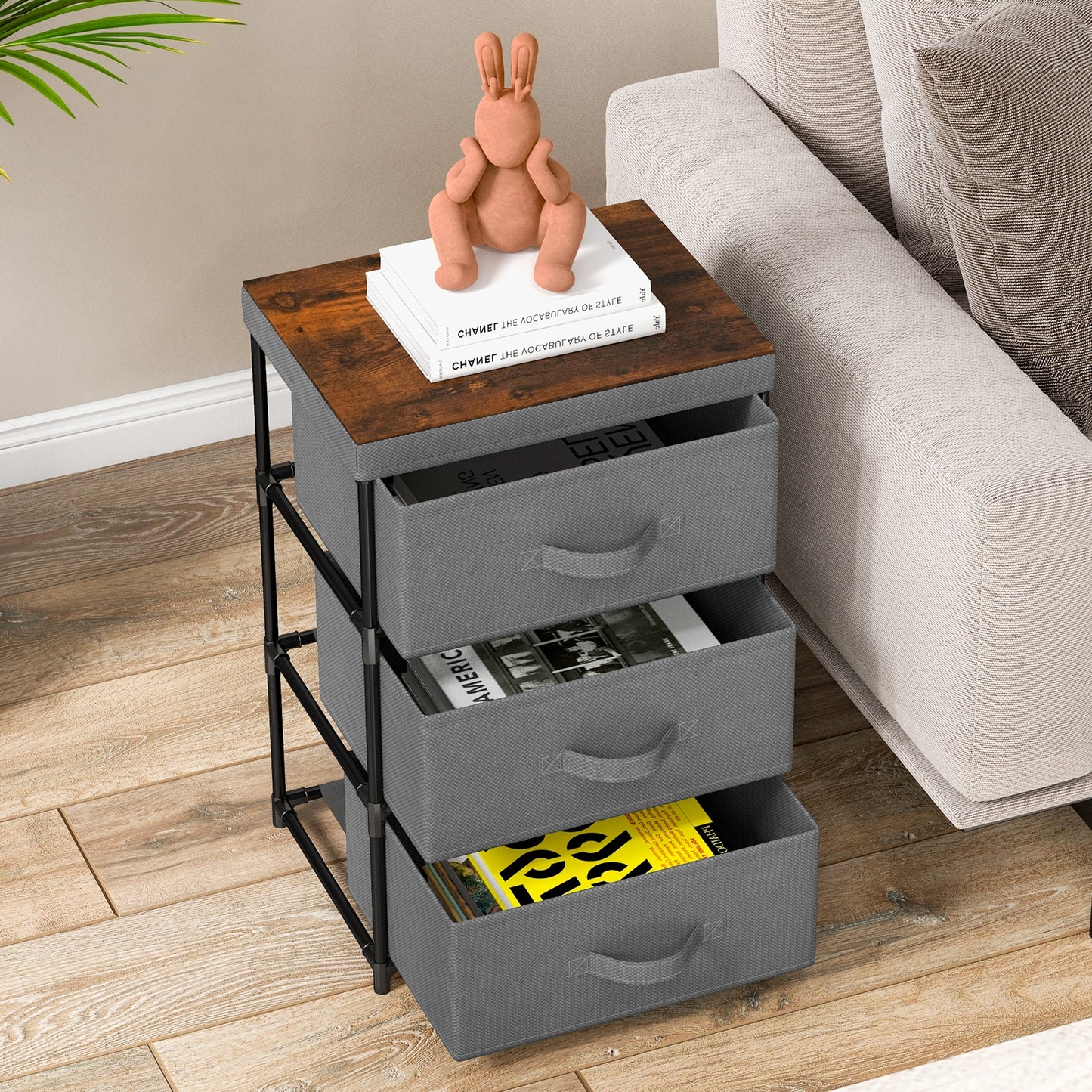 Modern Fabric Nightstand with 3 Storage Drawers and Sturdy Frame - Grey
