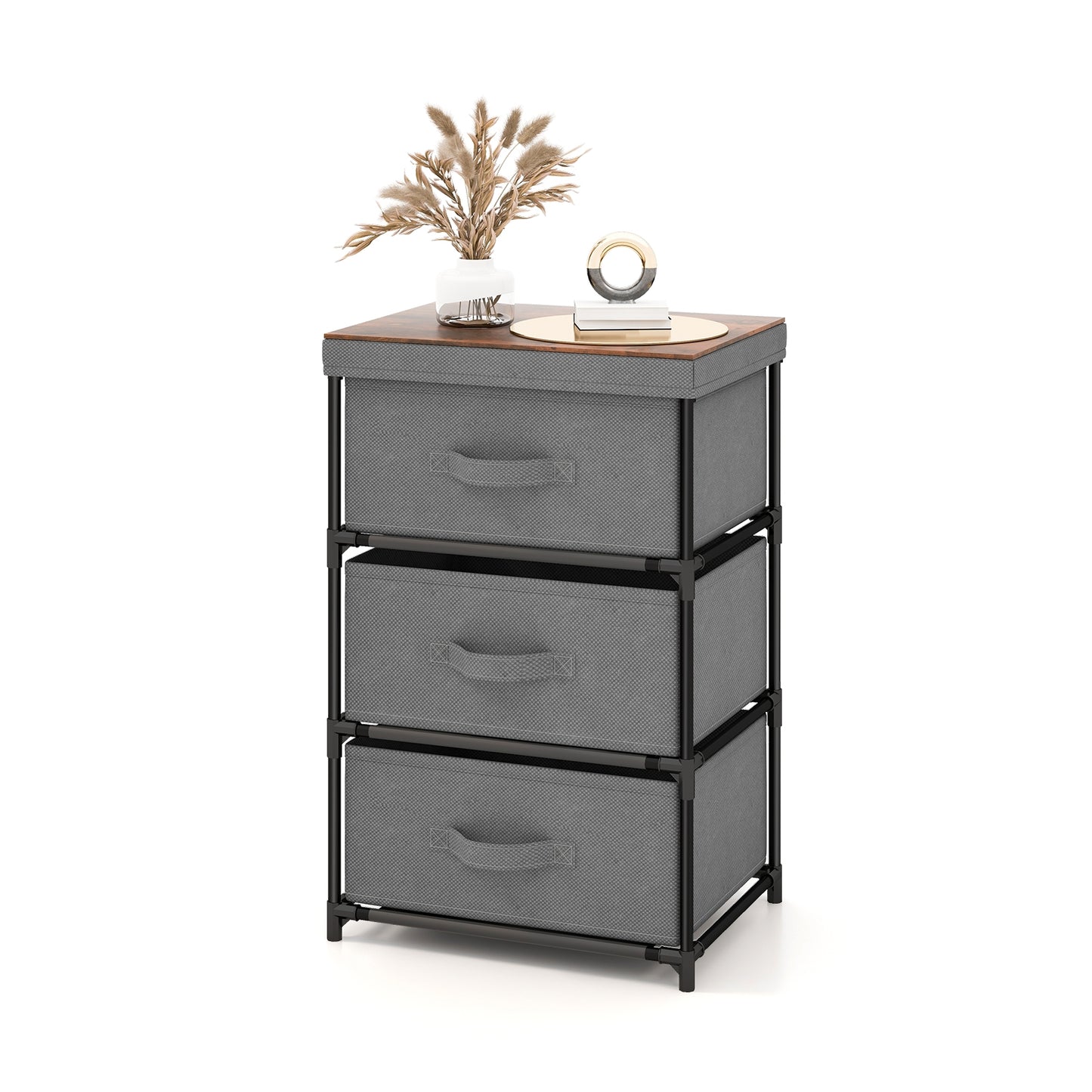 Modern Fabric Nightstand with 3 Storage Drawers and Sturdy Frame - Grey