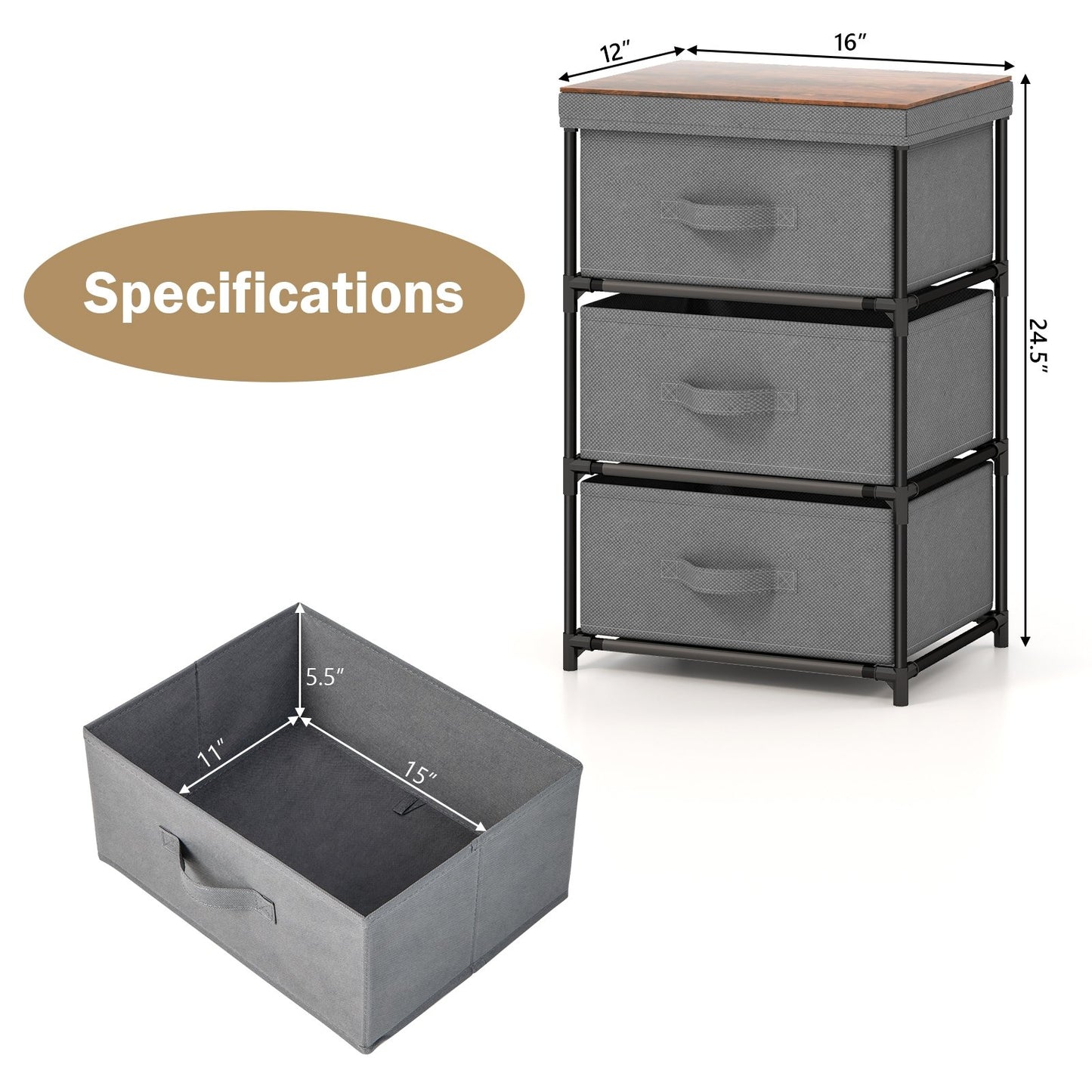 Modern Fabric Nightstand with 3 Storage Drawers and Sturdy Frame - Grey
