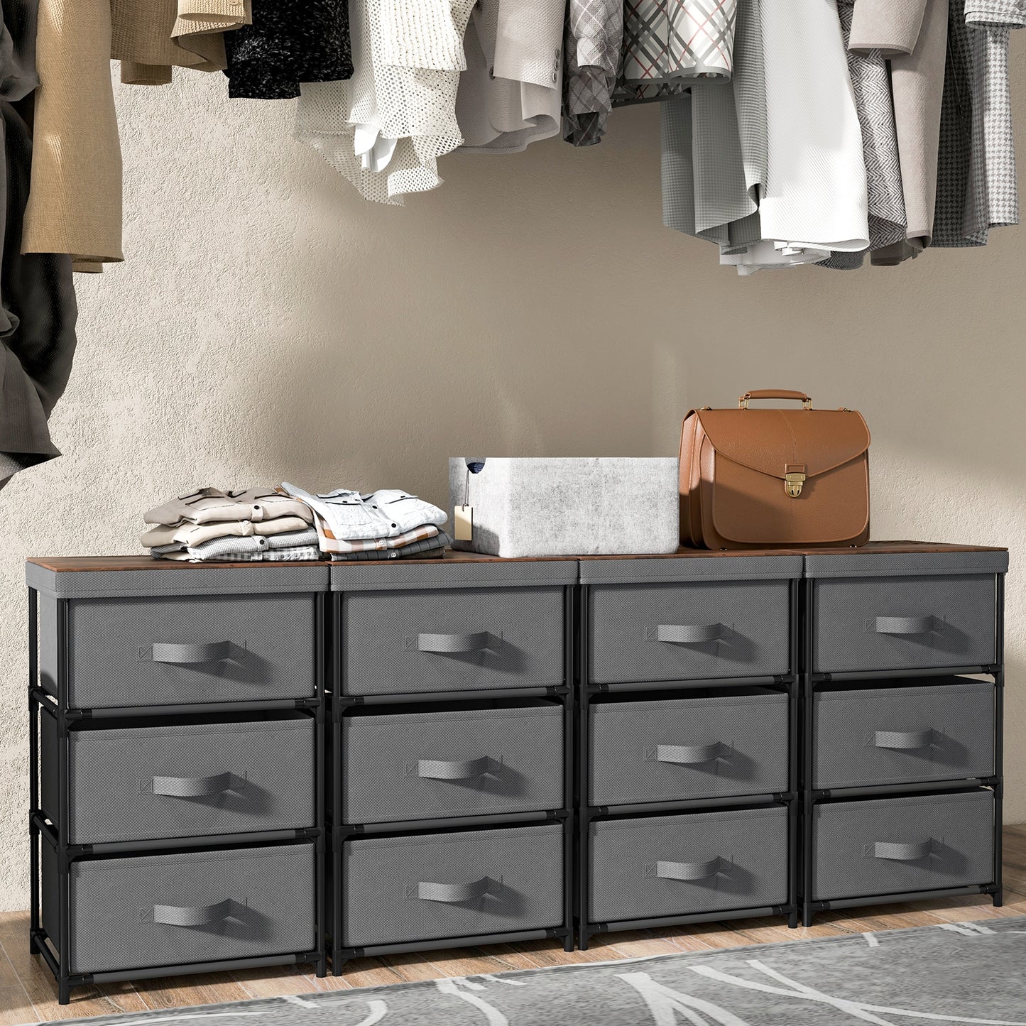 Modern Fabric Nightstand with 3 Storage Drawers and Sturdy Frame - Grey