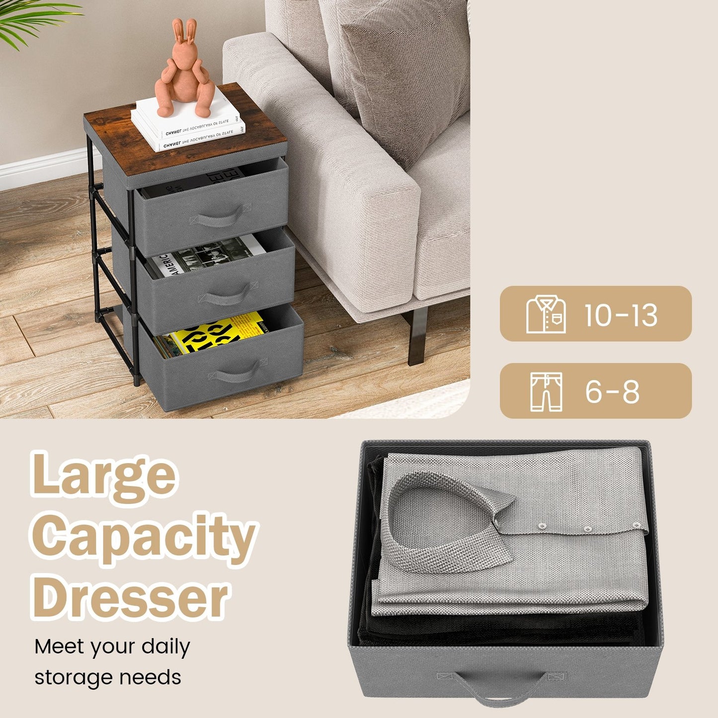 Modern Fabric Nightstand with 3 Storage Drawers and Sturdy Frame - Grey