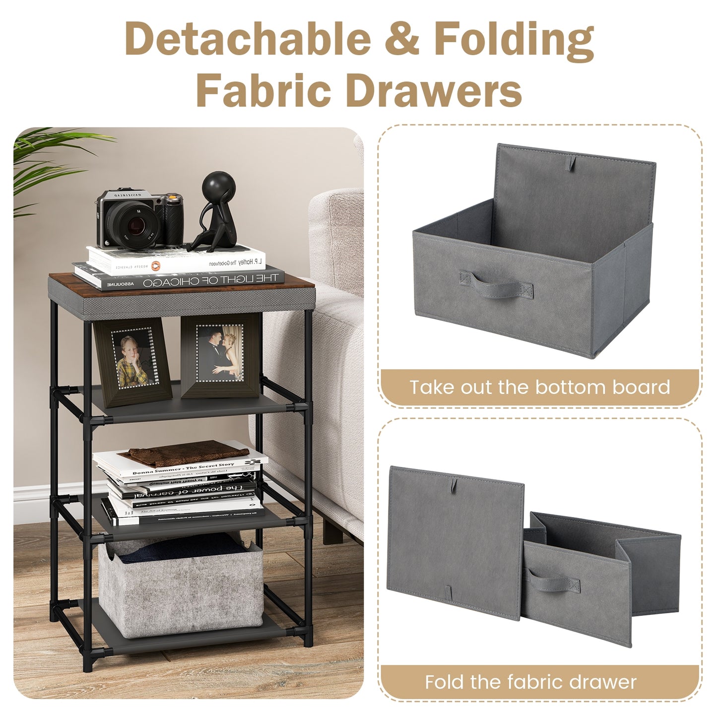 Modern Fabric Nightstand with 3 Storage Drawers and Sturdy Frame - Grey