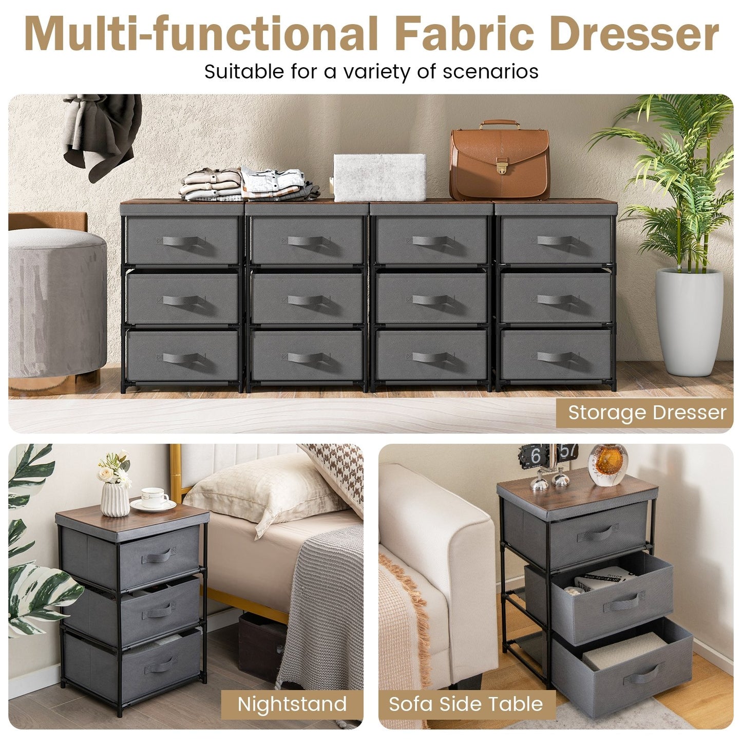 Modern Fabric Nightstand with 3 Storage Drawers and Sturdy Frame - Grey