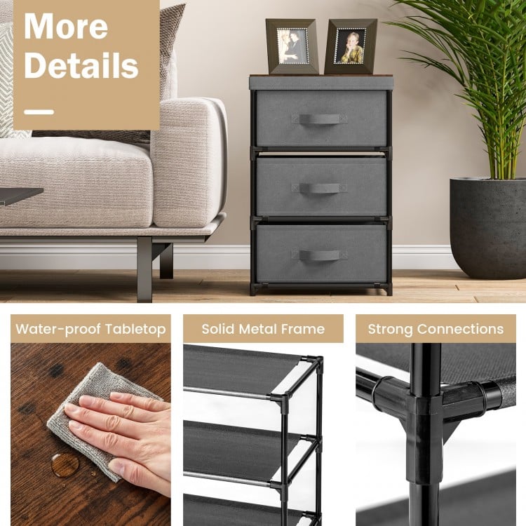 Modern Fabric Nightstand with 3 Storage Drawers and Sturdy Frame - Grey