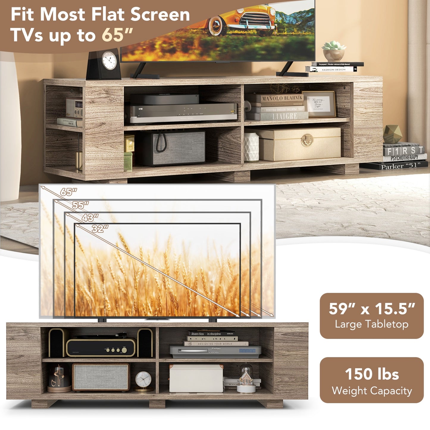 Modern 59 Inch Media Console with Adjustable Open Shelves for TVs up to 65 Inches in Light Grey