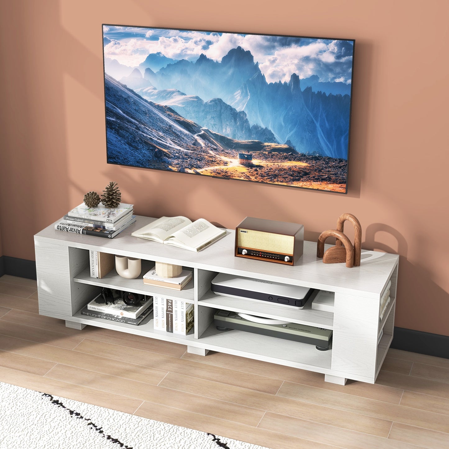 Modern 59 Inch Media Console with Adjustable Open Shelves for TVs up to 65 Inches in White