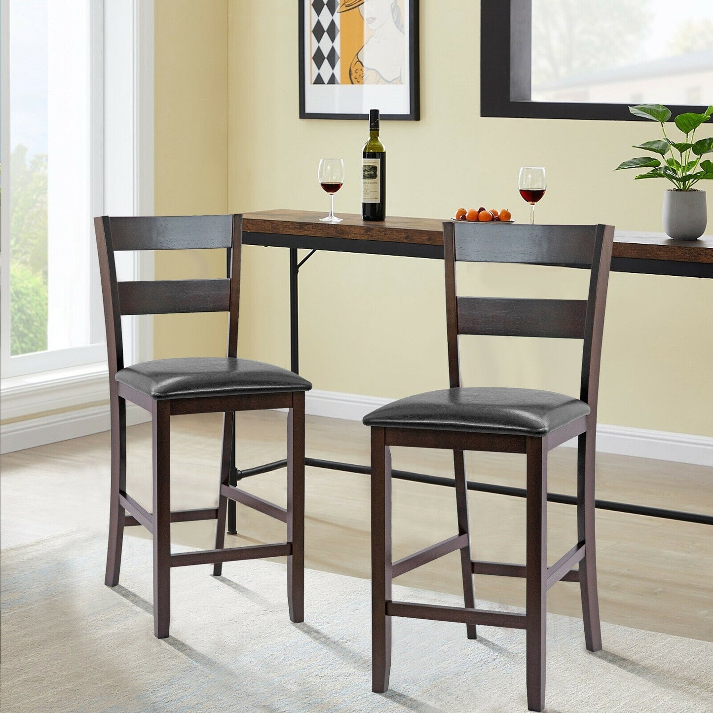 Set of 2 Upholstered Counter Height Bar Stools with PU Leather Seats and Wood Legs