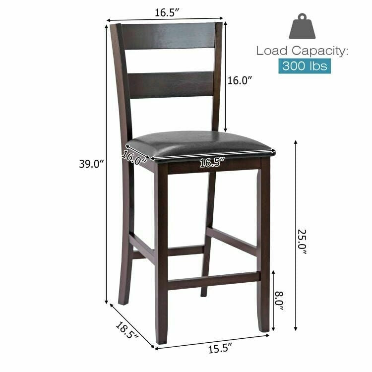 Set of 2 Upholstered Counter Height Bar Stools with PU Leather Seats and Wood Legs