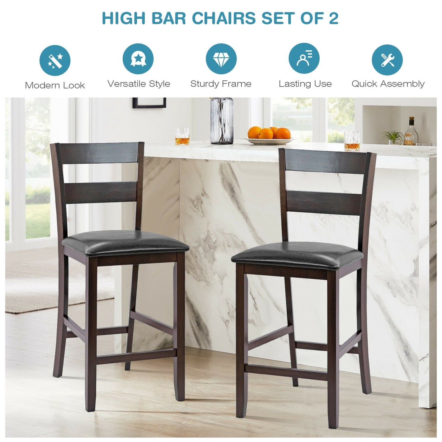 Set of 2 Upholstered Counter Height Bar Stools with PU Leather Seats and Wood Legs