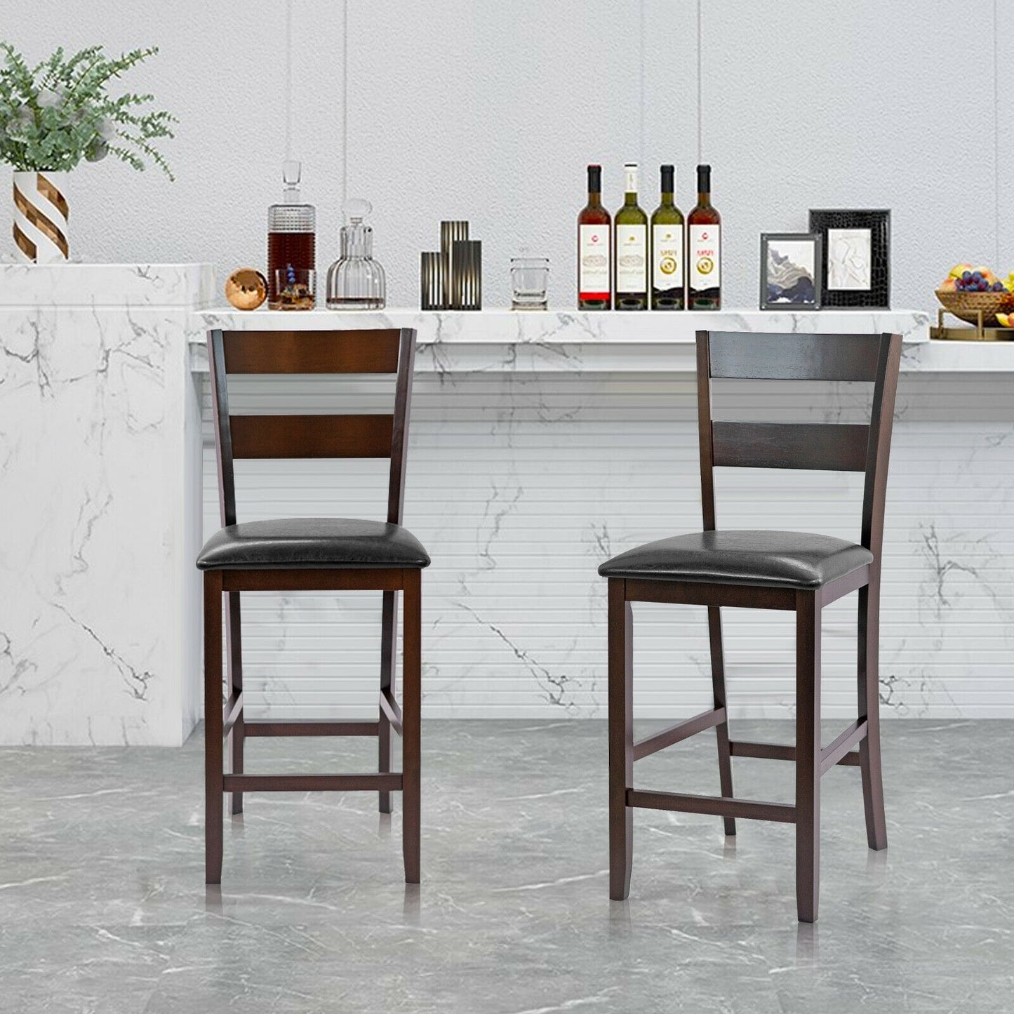 Set of 2 Upholstered Counter Height Bar Stools with PU Leather Seats and Wood Legs