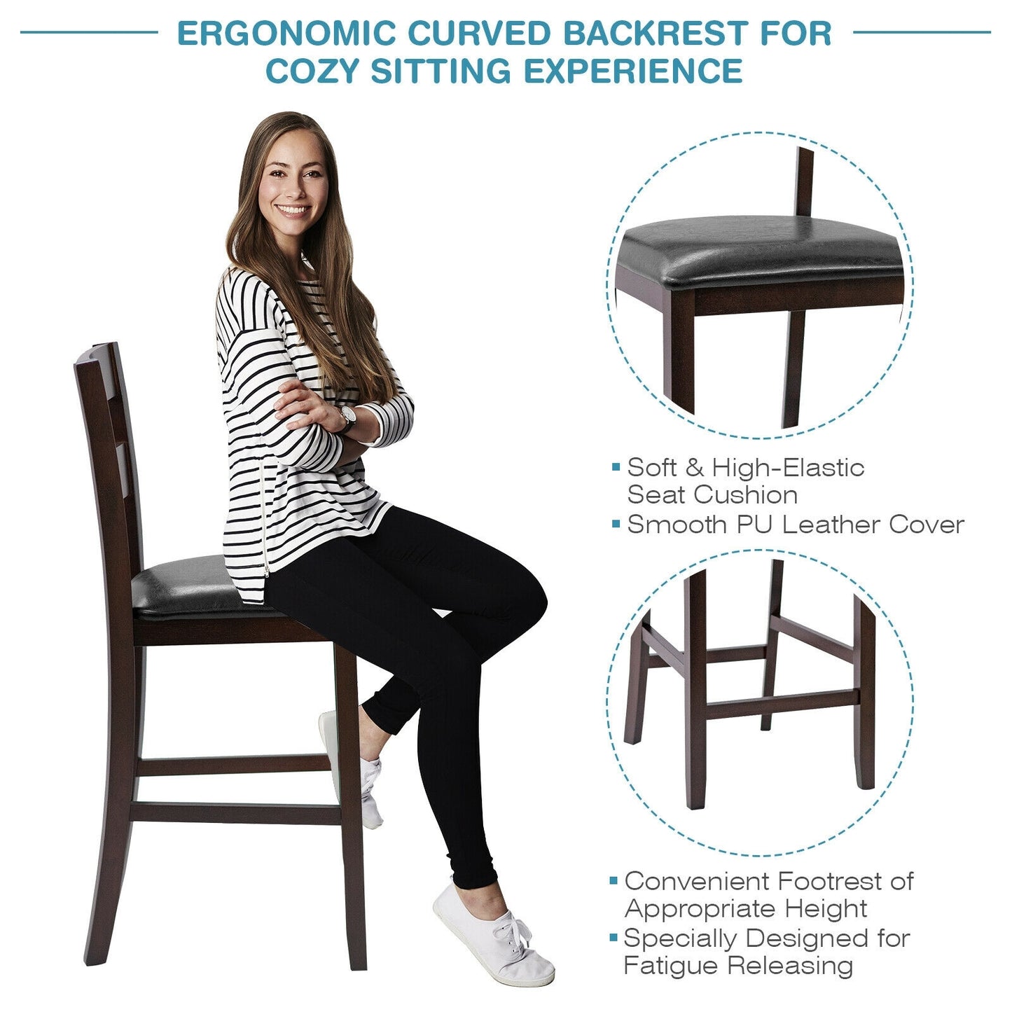 Set of 2 Upholstered Counter Height Bar Stools with PU Leather Seats and Wood Legs