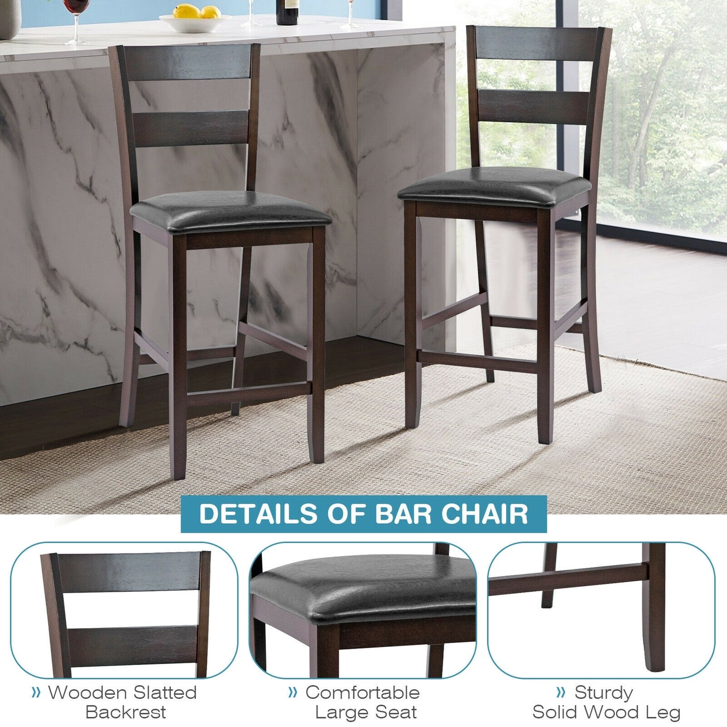 Set of 2 Upholstered Counter Height Bar Stools with PU Leather Seats and Wood Legs
