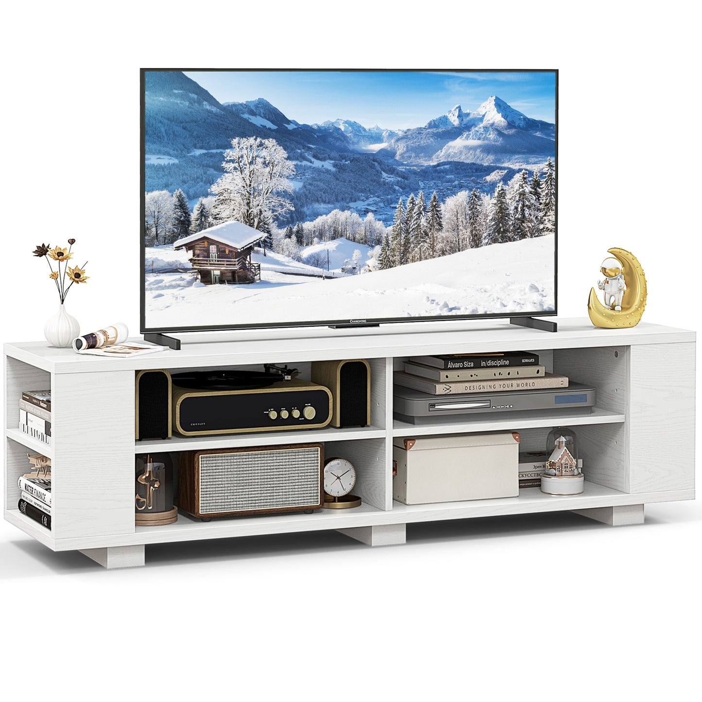 Modern 59 Inch Media Console with Adjustable Open Shelves for TVs up to 65 Inches in White