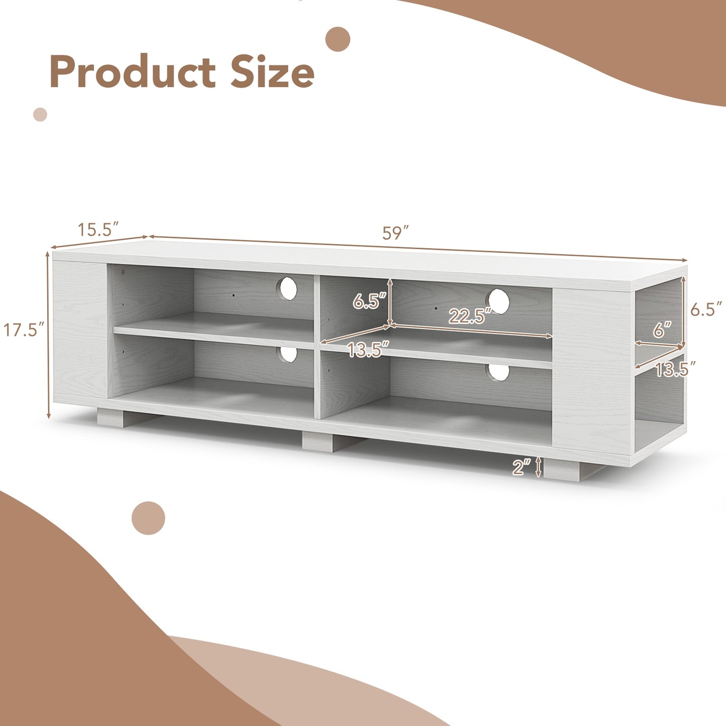 Modern 59 Inch Media Console with Adjustable Open Shelves for TVs up to 65 Inches in White