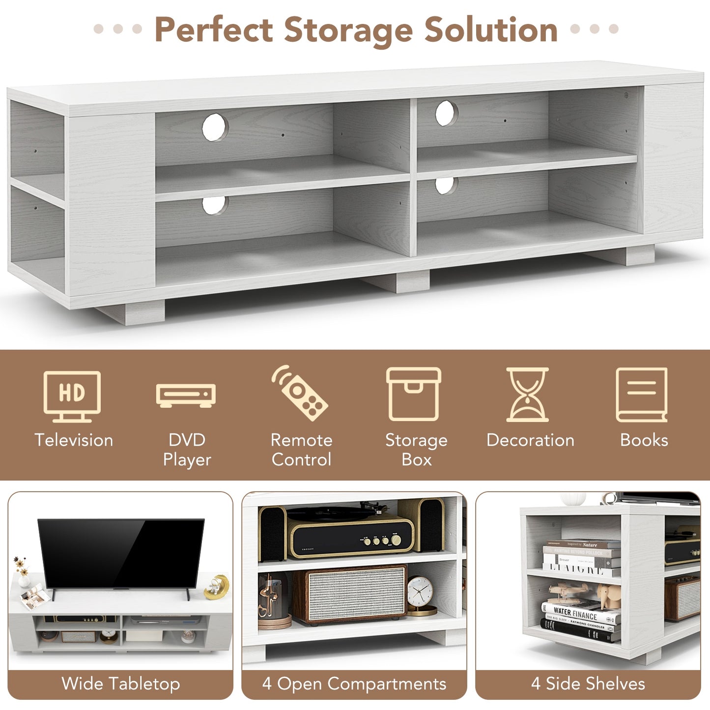 Modern 59 Inch Media Console with Adjustable Open Shelves for TVs up to 65 Inches in White