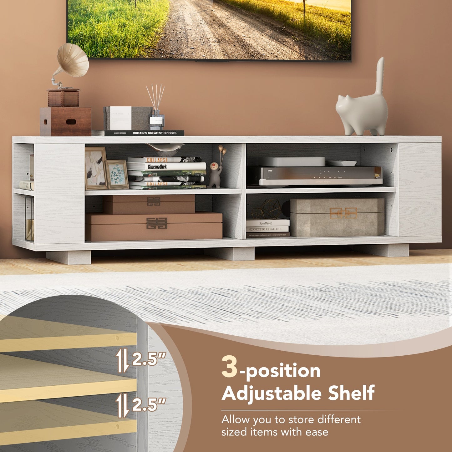 Modern 59 Inch Media Console with Adjustable Open Shelves for TVs up to 65 Inches in White