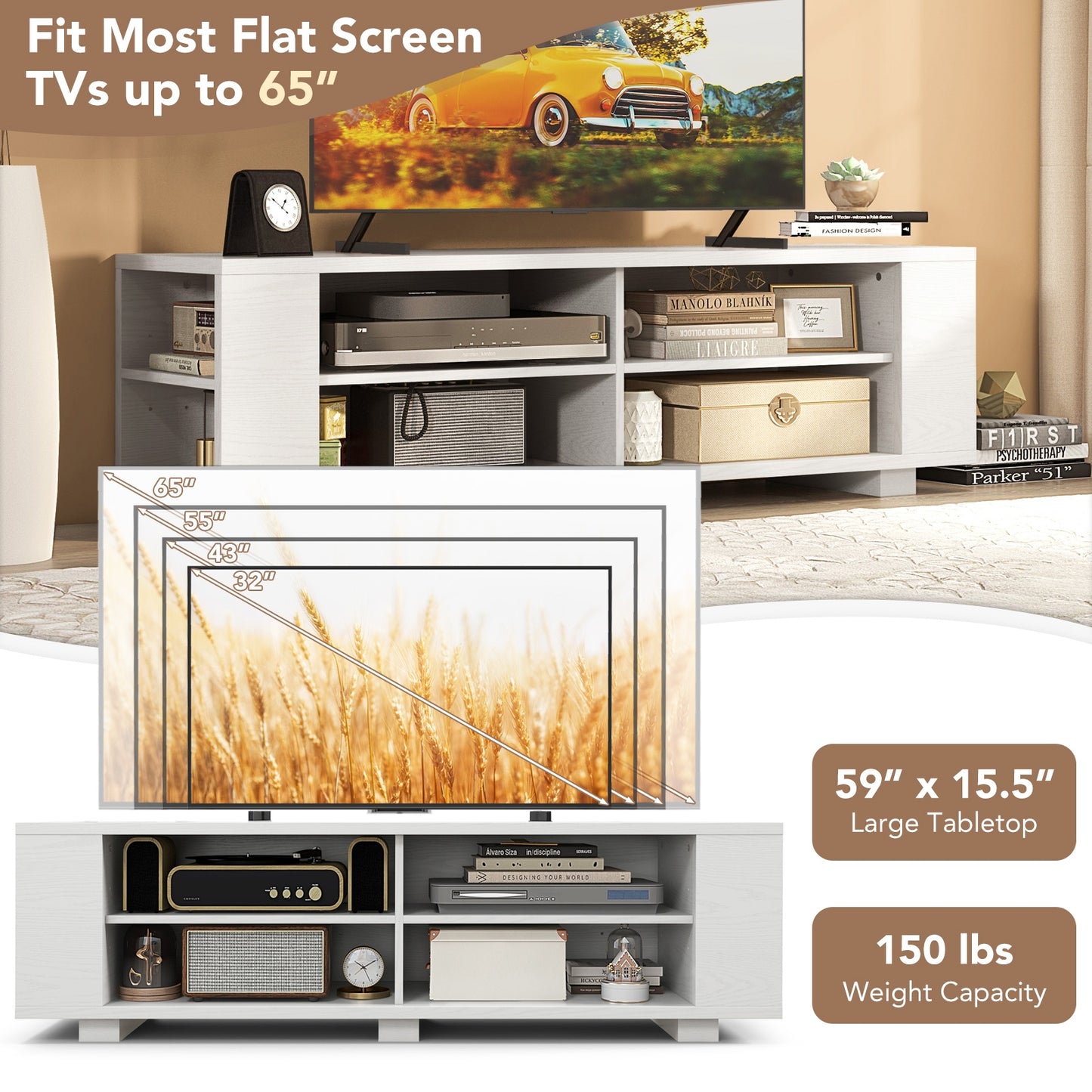 Modern 59 Inch Media Console with Adjustable Open Shelves for TVs up to 65 Inches in White
