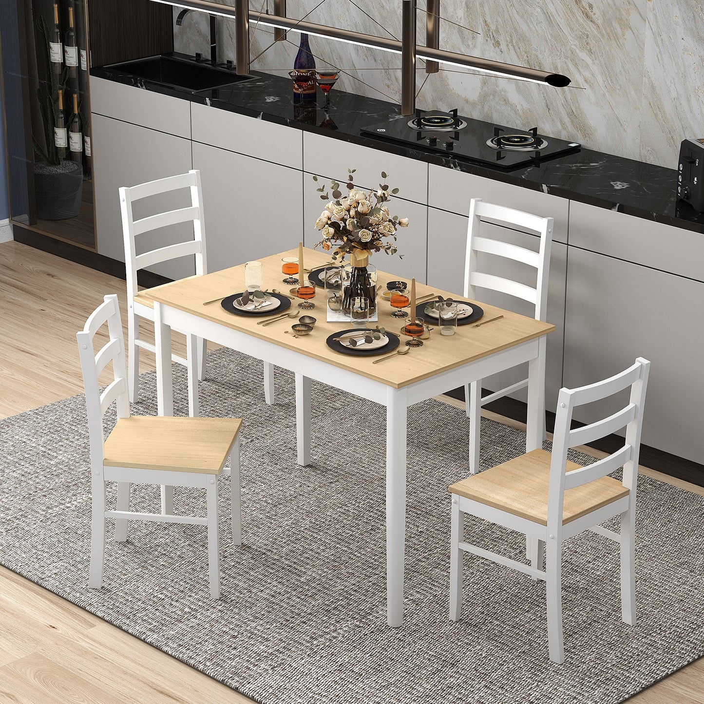 Modern 5 Piece Dining Table Set with Rectangular Wood Table and Upholstered Chairs - Natural