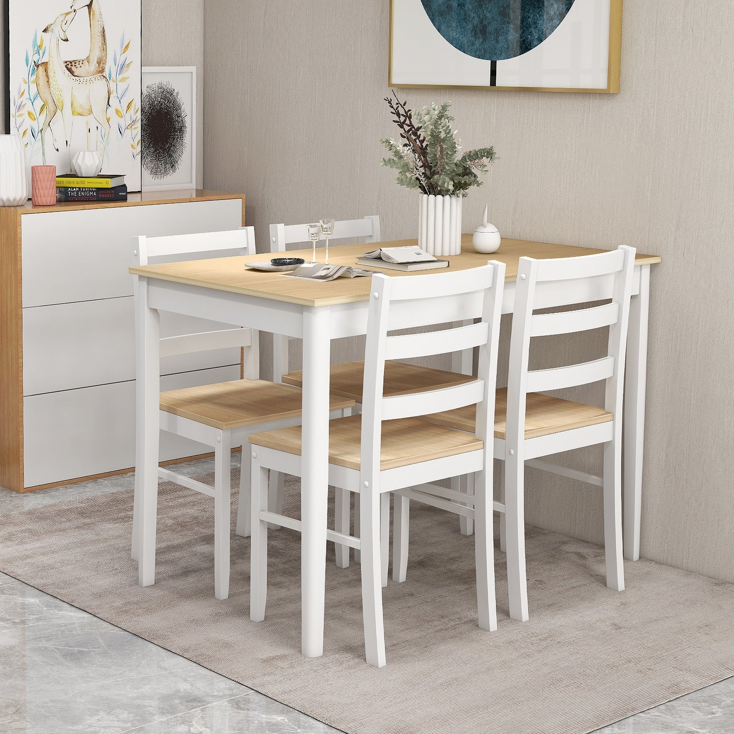 Modern 5 Piece Dining Table Set with Rectangular Wood Table and Upholstered Chairs - Natural