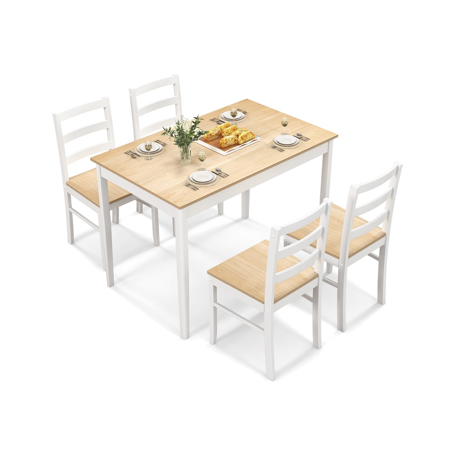Modern 5 Piece Dining Table Set with Rectangular Wood Table and Upholstered Chairs - Natural