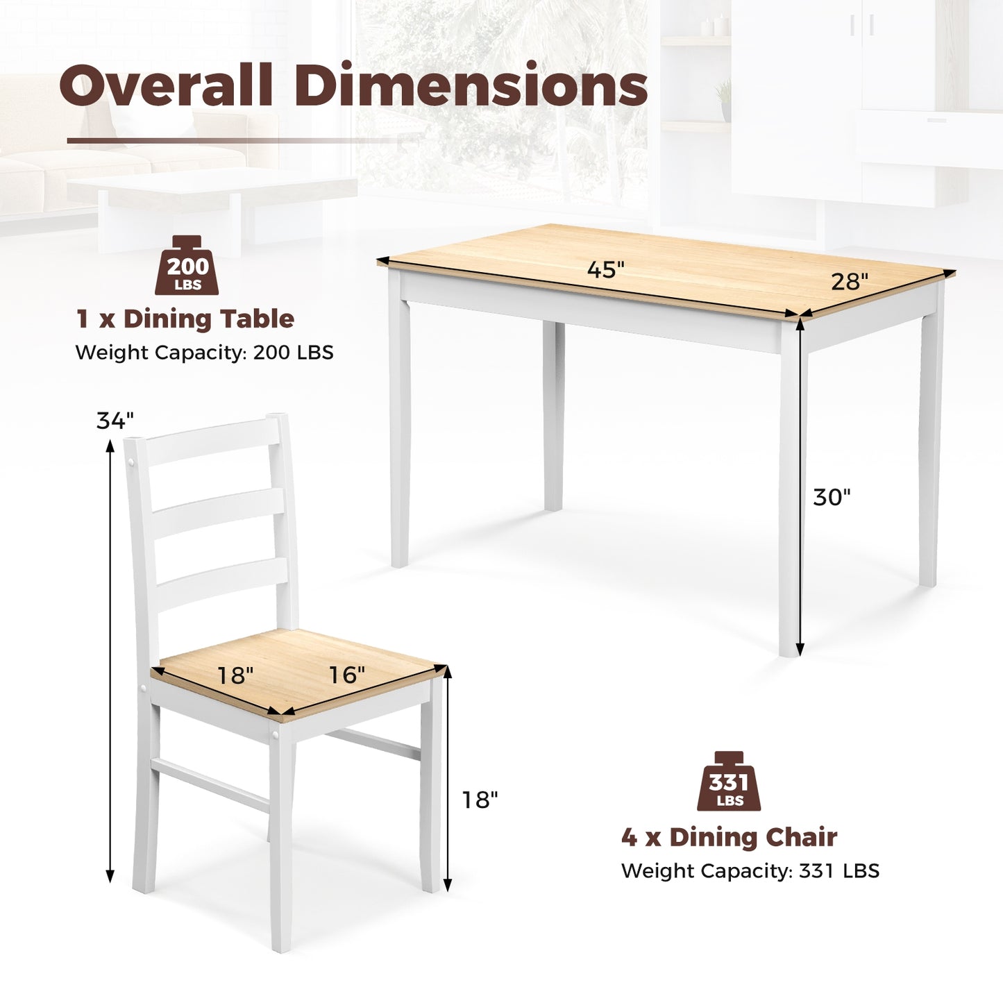 Modern 5 Piece Dining Table Set with Rectangular Wood Table and Upholstered Chairs - Natural