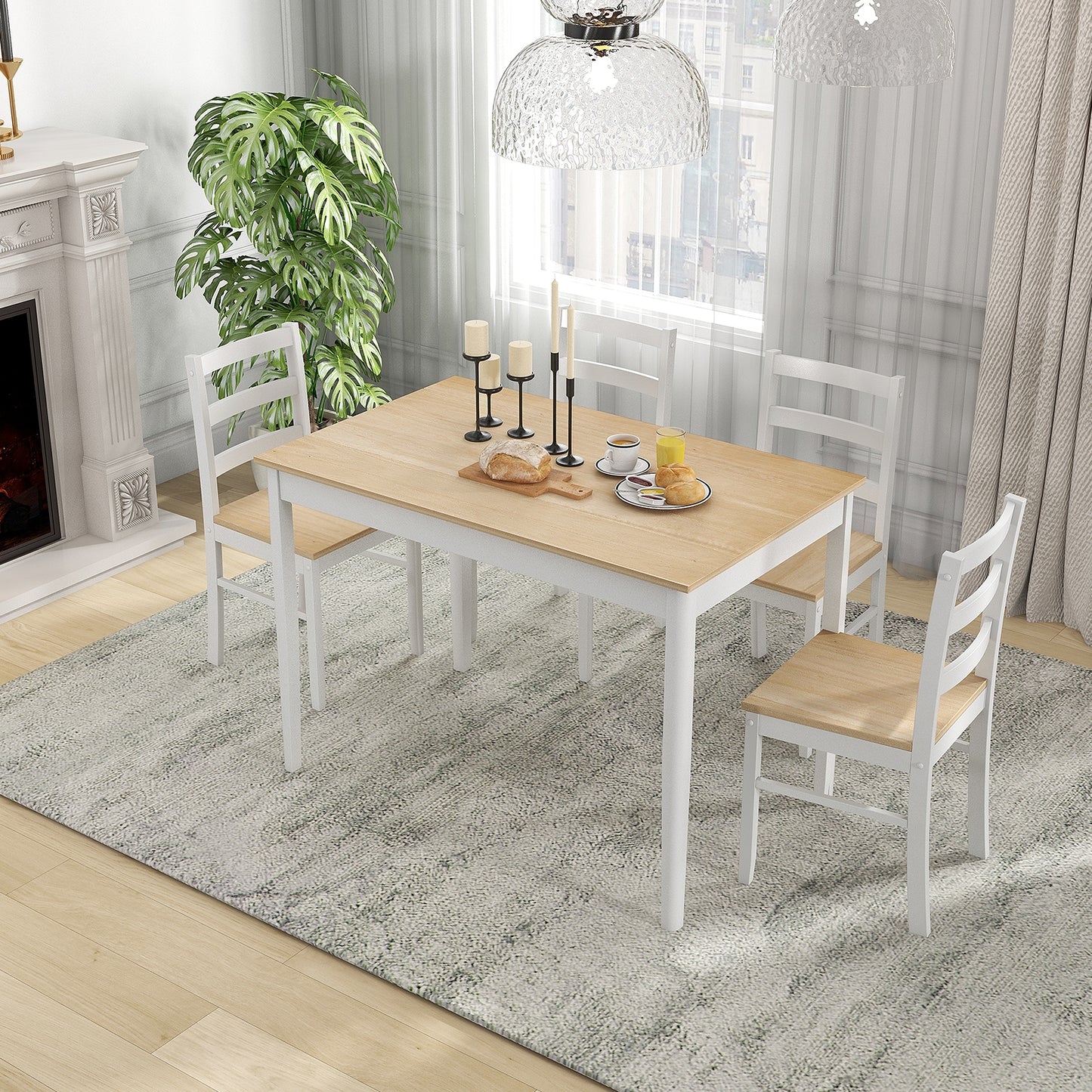 Modern 5 Piece Dining Table Set with Rectangular Wood Table and Upholstered Chairs - Natural